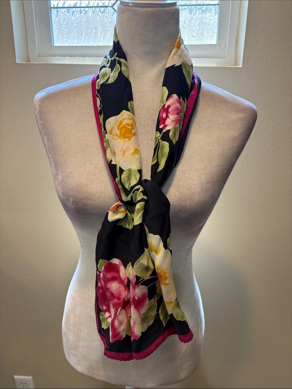 Jones New York Black Floral Silk Scarf with Pink Trim